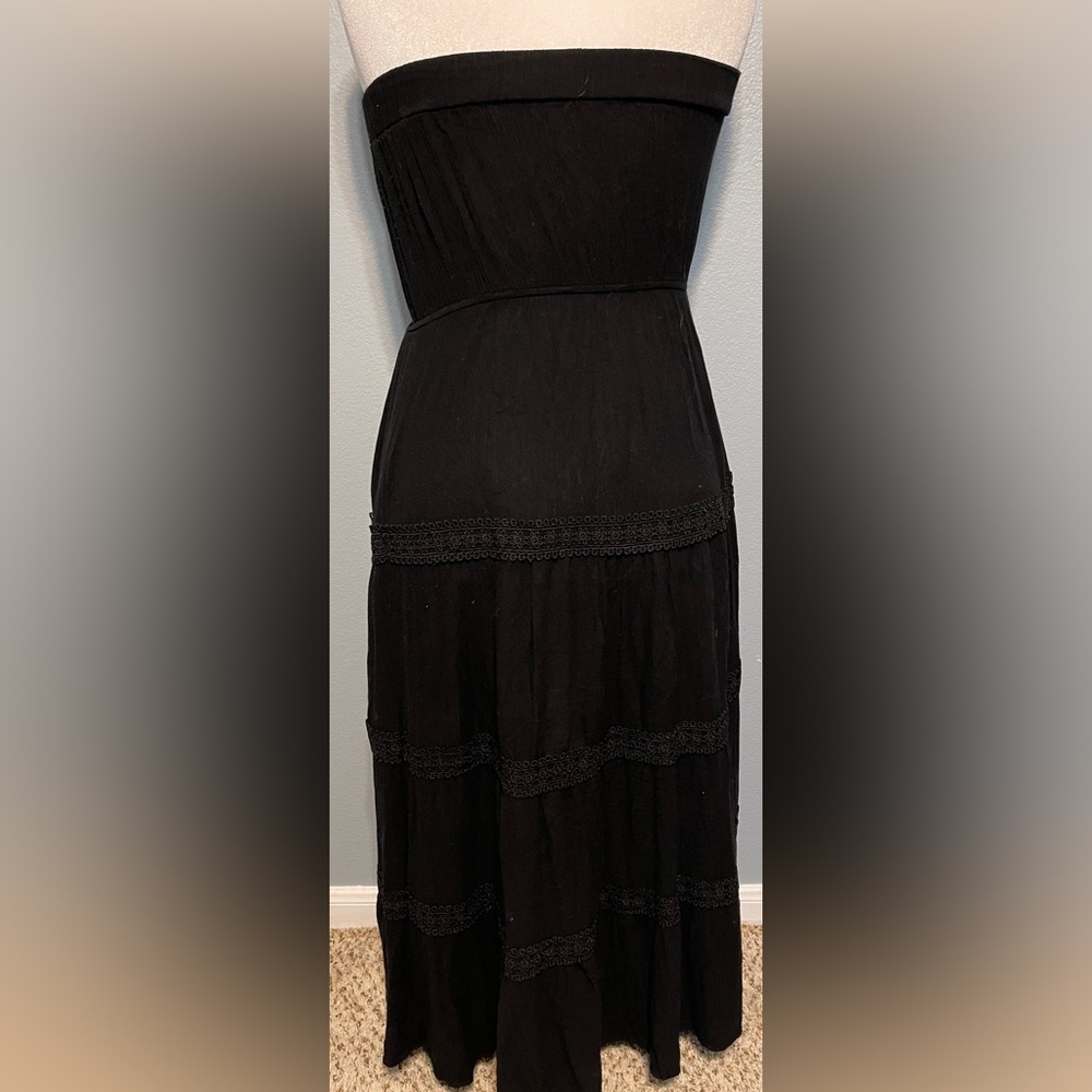 Justify Black Strapless Lace Trim Midi Dress Tiered Goth Cottagecore Y2K Medium - Picture 5 of 8